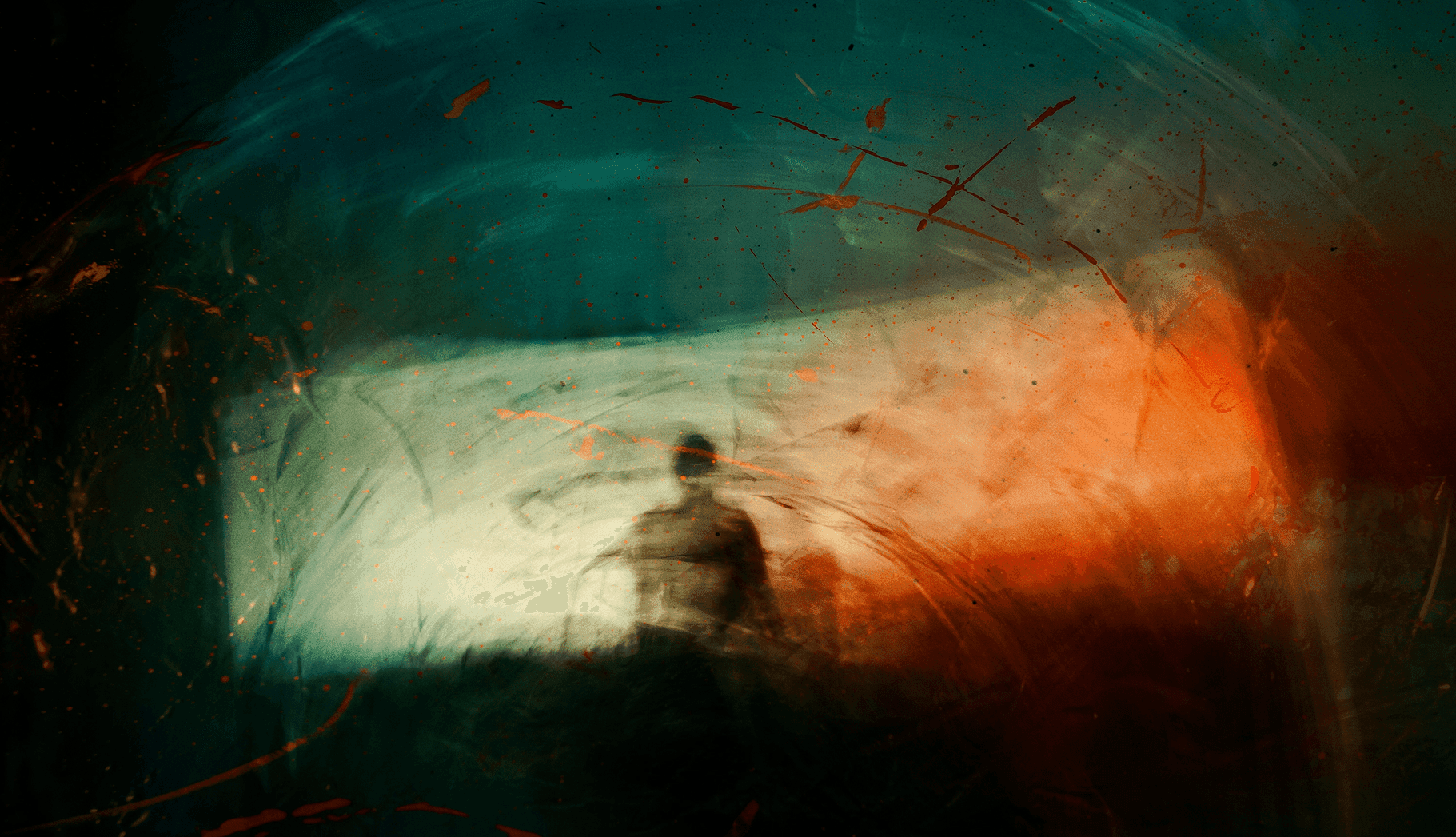 Abstract image of a human silhouette surrounded by swirling teal, orange, and dark tones